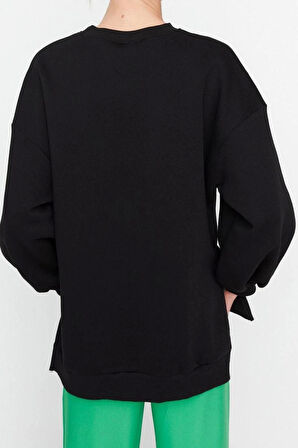 Oversize Bisiklet Yaka Düşük Kol Uzun Geniş Kalıp Yırtmaç Kalın İçi Polarlı Örme Sweatshirt