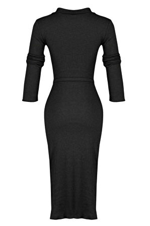 Moda Stil Slim Gömlek Yaka Midi Boy Vücuda Oturan Polo Yaka Fitilli Düğmeli Esnek Örme Elbise