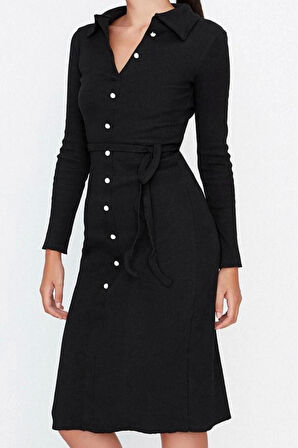 Moda Stil Slim Gömlek Yaka Midi Boy Vücuda Oturan Polo Yaka Fitilli Düğmeli Esnek Örme Elbise