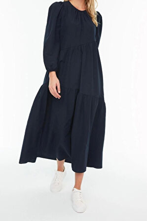 Moda Regular Casual Günlük Terrycotton Dokuma Bisiklet Yaka Uzun Kol A-Line Maxi Boy Tesettür Elbise