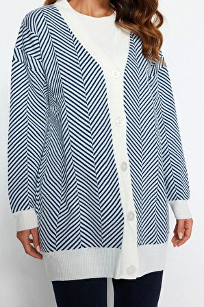 Kadın Modern Tarz Rahat Uzun V Yaka Çizgili Kol Regular Triko Hırka