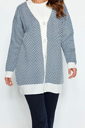 Kadın Modern Tarz Rahat Uzun V Yaka Çizgili Kol Regular Triko Hırka