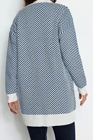 Kadın Modern Tarz Rahat Uzun V Yaka Çizgili Kol Regular Triko Hırka