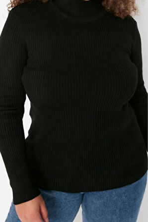 Büyük Beden Kadın Modern Tarz Rahat Uzun Yarım Balıkçı Yaka Düz Kol Regular Triko Kazak