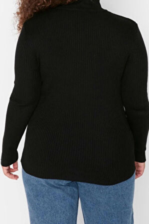 Büyük Beden Kadın Modern Tarz Rahat Uzun Yarım Balıkçı Yaka Düz Kol Regular Triko Kazak