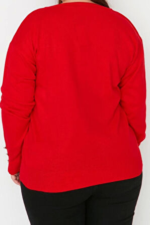 Büyük Beden Kadın Modern Tarz Rahat Uzun V Yaka Düz Kol Regular Triko Kazak