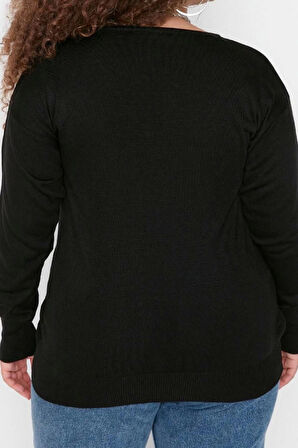 Büyük Beden Kadın Modern Tarz Rahat Uzun V Yaka Düz Kol Regular Triko Kazak