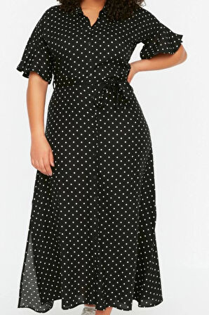 Moda Rahat Casual Günlük Shally Dokuma Gömlek Yaka Kısa Kol A-Line Maxi Boy Büyük Beden Elbise