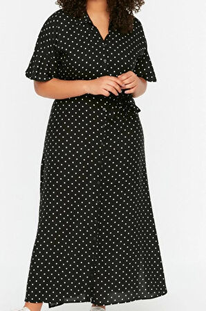 Moda Rahat Casual Günlük Shally Dokuma Gömlek Yaka Kısa Kol A-Line Maxi Boy Büyük Beden Elbise