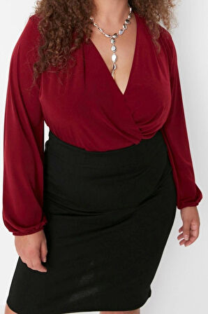 Moda Büyük Beden Kruvaze Örme Regular Düz Desen Casual Günlük Regular Uzun Kol Bluz