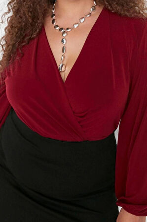 Moda Büyük Beden Kruvaze Örme Regular Düz Desen Casual Günlük Regular Uzun Kol Bluz