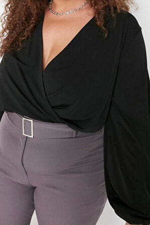 Moda Büyük Beden Kruvaze Örme Regular Düz Desen Casual Günlük Regular Uzun Kol Bluz