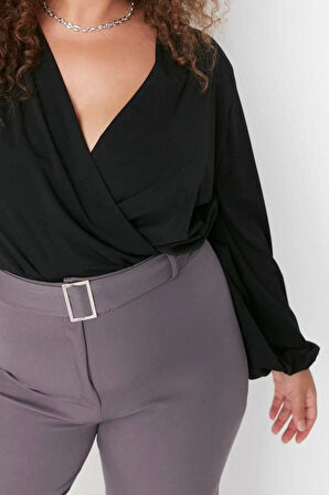 Moda Büyük Beden Kruvaze Örme Regular Düz Desen Casual Günlük Regular Uzun Kol Bluz