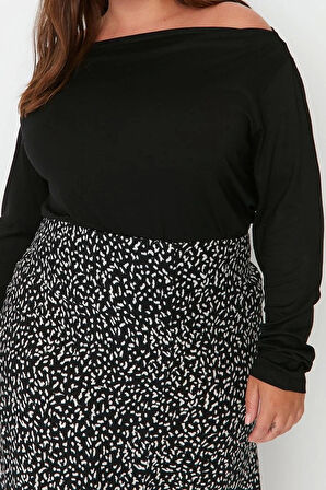 Moda Büyük Beden Carmen Yaka Örme Fit Düz Desen Casual Günlük Regular Uzun Kol Bluz