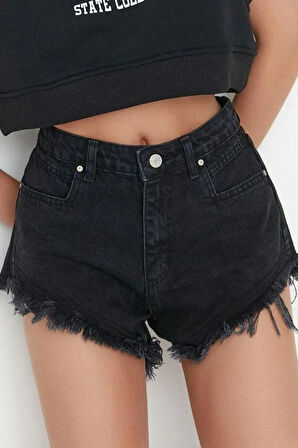 Moda Denim Normal Bel Boru Paça Gündelik Gri Yırtıklı Detaylı Yüksek Bel Denim Şort