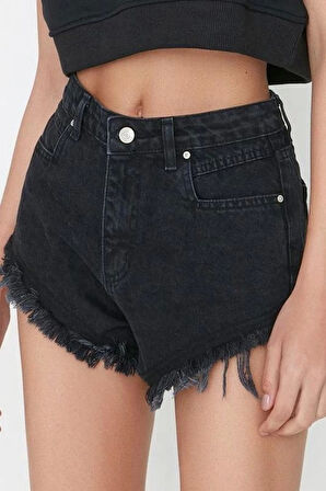 Moda Denim Normal Bel Boru Paça Gündelik Gri Yırtıklı Detaylı Yüksek Bel Denim Şort