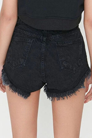 Moda Denim Normal Bel Boru Paça Gündelik Gri Yırtıklı Detaylı Yüksek Bel Denim Şort