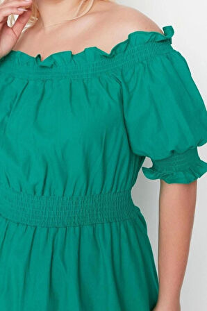 Moda Rahat Casual Günlük Shally Dokuma Carmen Yaka Kısa Kol A-Line Midi Boy Büyük Beden Elbise