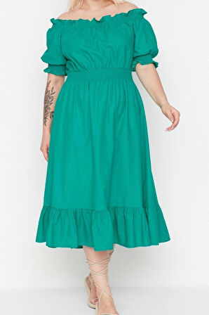 Moda Rahat Casual Günlük Shally Dokuma Carmen Yaka Kısa Kol A-Line Midi Boy Büyük Beden Elbise