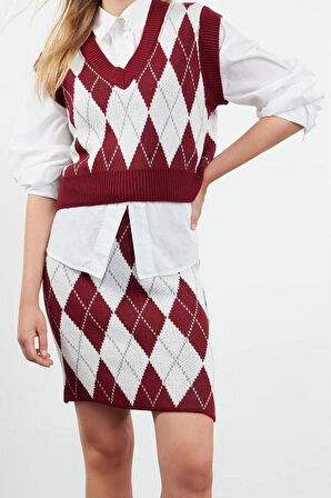 Tarz Kadın Modern Moda Normal Bel Geniş Paça V Yaka Crop Desenli Jakarlı Triko Alt-Üst Takım