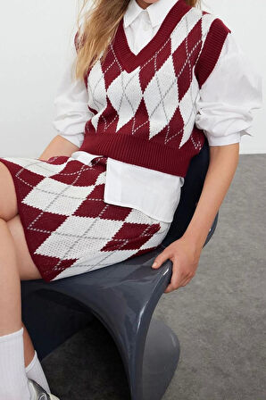 Tarz Kadın Modern Moda Normal Bel Geniş Paça V Yaka Crop Desenli Jakarlı Triko Alt-Üst Takım