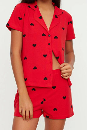 Tarz Rahat Kısa Kollu Boru Paça %100 Pamuklu Kalp Desenli Örme Pijama Takımı