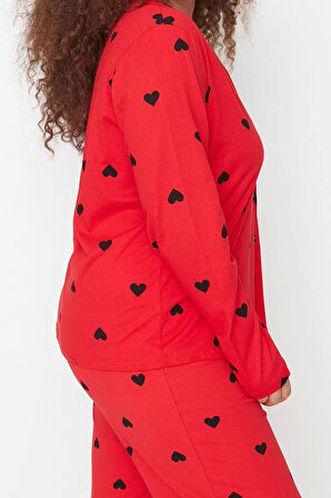 Tarz Rahat Büyük Beden Uzun Kollu Geniş Paça Kalpli Örme Pijama Takımı
