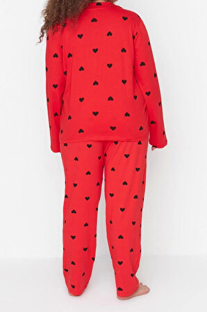 Tarz Rahat Büyük Beden Uzun Kollu Geniş Paça Kalpli Örme Pijama Takımı