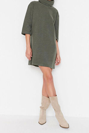 Moda Rahat Casual Günlük Selanik Örme Balıkçı Yaka Truvakar Kol Kol Shift Mini Boy Elbise