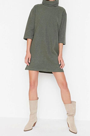 Moda Rahat Casual Günlük Selanik Örme Balıkçı Yaka Truvakar Kol Kol Shift Mini Boy Elbise