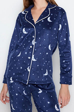 Tarz Rahat Uzun Kollu Boru Paça Ay Desenli Polar Kışlık Örme Pijama Takımı