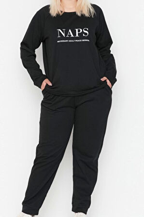 Tarz Rahat Büyük Beden Uzun Kollu Lastikli Paça Baskılı Pamuklu Örme Pijama Takımı