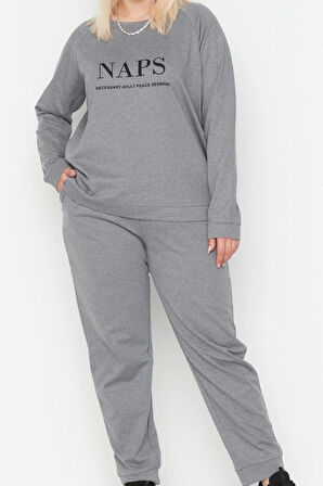 Tarz Rahat Büyük Beden Uzun Kollu Lastikli Paça Baskılı Pamuklu Örme Pijama Takımı