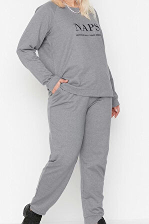 Tarz Rahat Büyük Beden Uzun Kollu Lastikli Paça Baskılı Pamuklu Örme Pijama Takımı