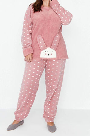 Tarz Rahat Büyük Beden Uzun Kollu Dar Paça Kalpli Polar Örme Pijama Takımı