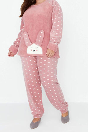 Tarz Rahat Büyük Beden Uzun Kollu Dar Paça Kalpli Polar Örme Pijama Takımı