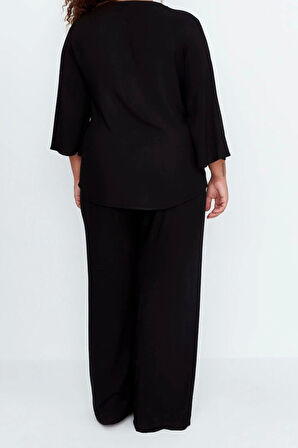 Tarz Rahat Büyük Beden Uzun Kollu Geniş Paça Yaka Bağlamalı Dokuma Pijama Takımı