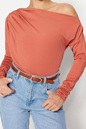 Stil Kadın Dökümlü Esnek Bluz Regular Örme Regular Kalıp Büzgülü/Fırfırlı Kol