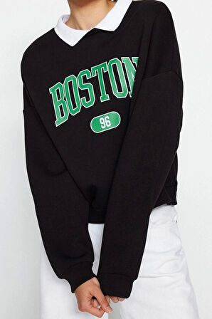 Tarz Regular Polo Yaka Düşük Kol Regular Baskılı Boyfriend Şardonlu Örme Sweatshirt