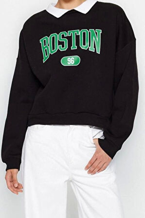 Tarz Regular Polo Yaka Düşük Kol Regular Baskılı Boyfriend Şardonlu Örme Sweatshirt