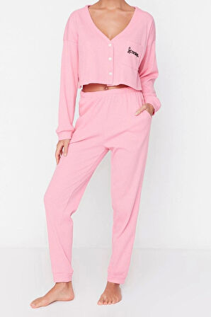 Tarz Rahat Uzun Kollu Boru Paça Fitilli Pamuklu Nakışlı Örme Pijama Takımı