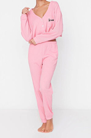 Tarz Rahat Uzun Kollu Boru Paça Fitilli Pamuklu Nakışlı Örme Pijama Takımı