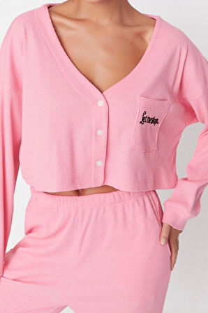 Tarz Rahat Uzun Kollu Boru Paça Fitilli Pamuklu Nakışlı Örme Pijama Takımı