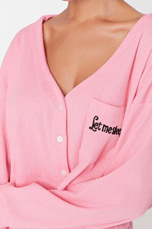 Tarz Rahat Uzun Kollu Boru Paça Fitilli Pamuklu Nakışlı Örme Pijama Takımı