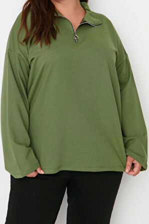Büyük Beden Oversize Polo Yaka Düşük Kol Regular Fermuarlı Yüksek Yakalı İnce Örme Sweatshirt