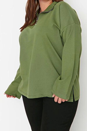 Büyük Beden Oversize Polo Yaka Düşük Kol Regular Fermuarlı Yüksek Yakalı İnce Örme Sweatshirt