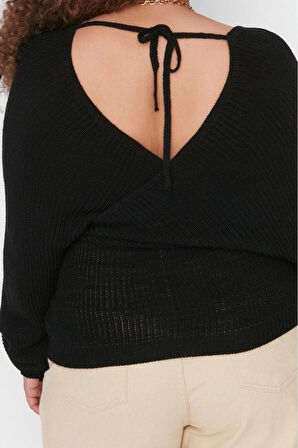 Büyük Beden Kadın Modern Tarz Rahat Uzun Kruvaze Düz Kol Regular Triko Kazak