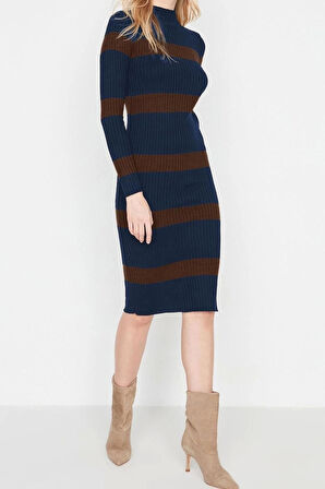 Moda Slim Casual Günlük Tek Plaka Triko Dik Yaka Uzun Kol Bodycone Midi Boy Elbise