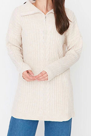 Kadın Modern Tarz Rahat Uzun Yarım Balıkçı Yaka Saç Örgü Kol Regular Triko Kazak