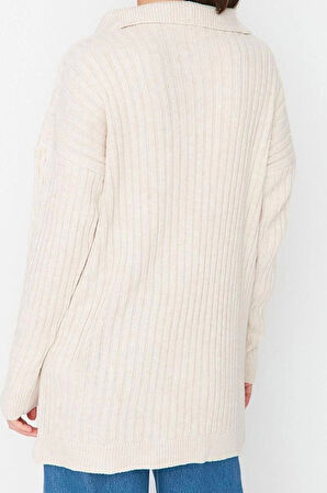 Kadın Modern Tarz Rahat Uzun Yarım Balıkçı Yaka Saç Örgü Kol Regular Triko Kazak